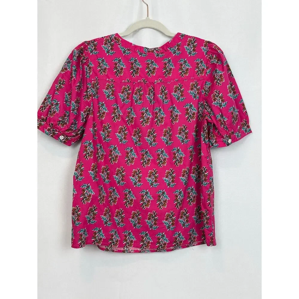 J.Crew Pink Floral Block Print Puff Sleeve Top Sz M Split V Neck Cotton